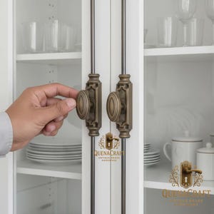 May include: Antique brass cabinet hardware featuring oval knobs and decorative backplates. The hardware is mounted on white cabinet doors. The image includes the text "QUENACRAFT ANTIQUE BRASS HARDWARE".