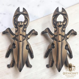 May include: Two identical beetle-shaped brass hardware pieces with a dark antique finish. Each piece features a central body, six legs, and a circular opening at the top. The text Quenacraft Antique Brass Hardware is visible in the bottom right corner.