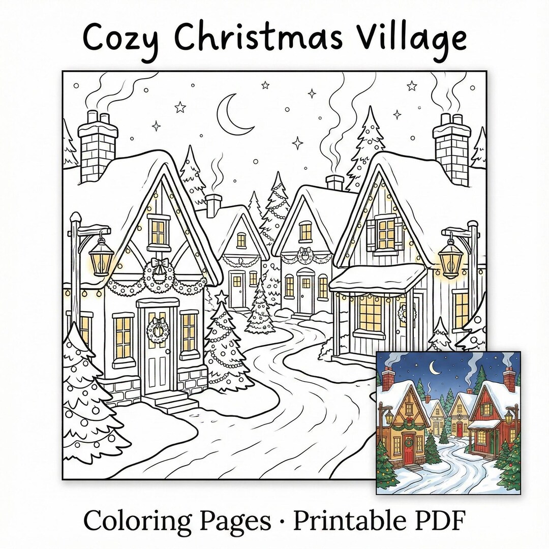 Cozy Christmas Village Coloring Pages Printable – Winter Town Coloring ...