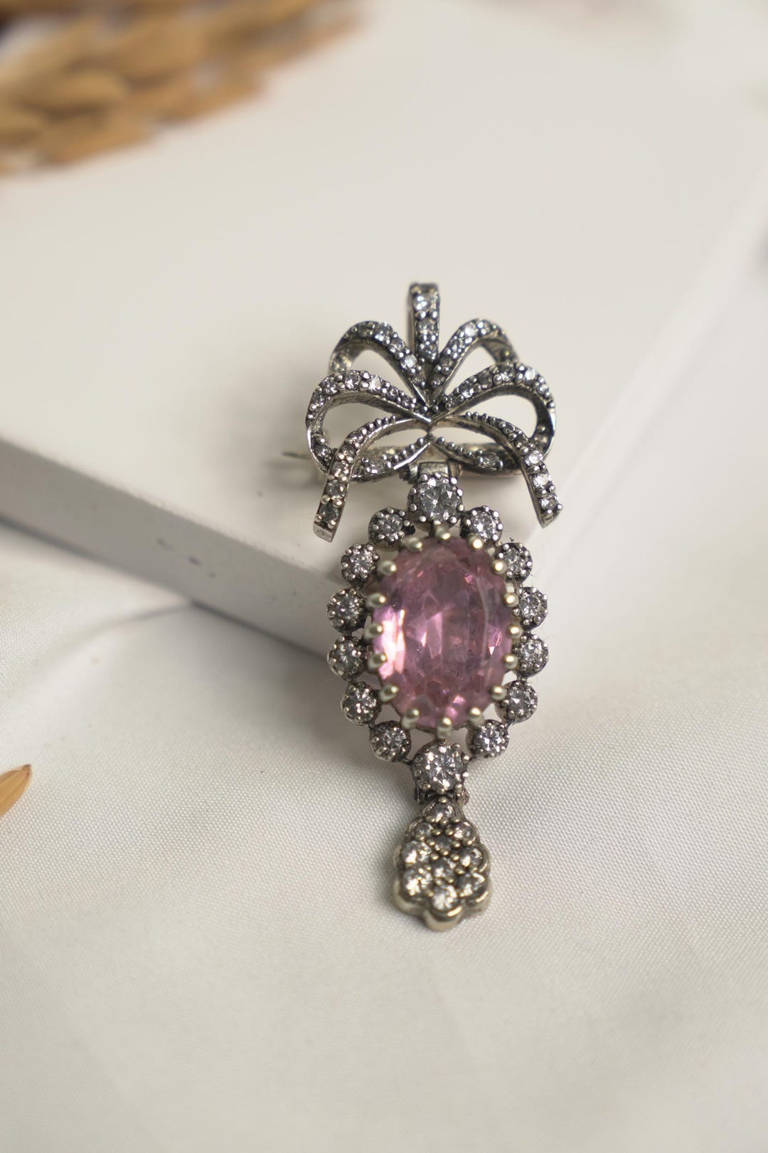 Handmade Vintage-inspired Silver Pink Crystal Ribbon Brooch — 1920s ...