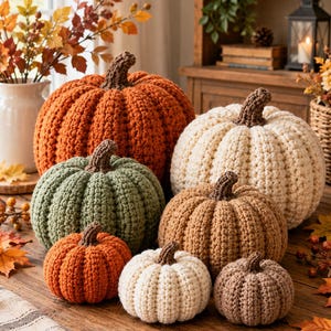 May include: A collection of six handmade crochet pumpkins in varying sizes and colors, including burnt orange, sage green, cream, and tan. Each pumpkin features a textured ribbed pattern and a dark brown crocheted stem on top.