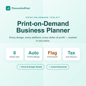以下が含まれることがあります： PlannerAndPixelによるデジタルPrint-on-Demand Business Plannerツールキット。ライトミントの背景にダークグリーンのテキストが配置され、6 Ready Tabs、Auto Profit & Margin、Flag Profit Health、Tax Auto Reserveといった機能が強調されています。