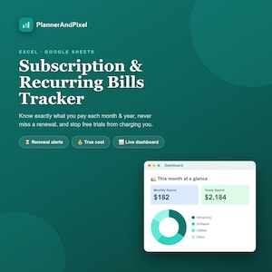 May include: A digital Subscription & Recurring Bills Tracker for Excel and Google Sheets on a dark green background. It features the text PlannerAndPixel, a dashboard preview with a donut chart, and buttons for Renewal alerts, True cost, and Live dashboard.