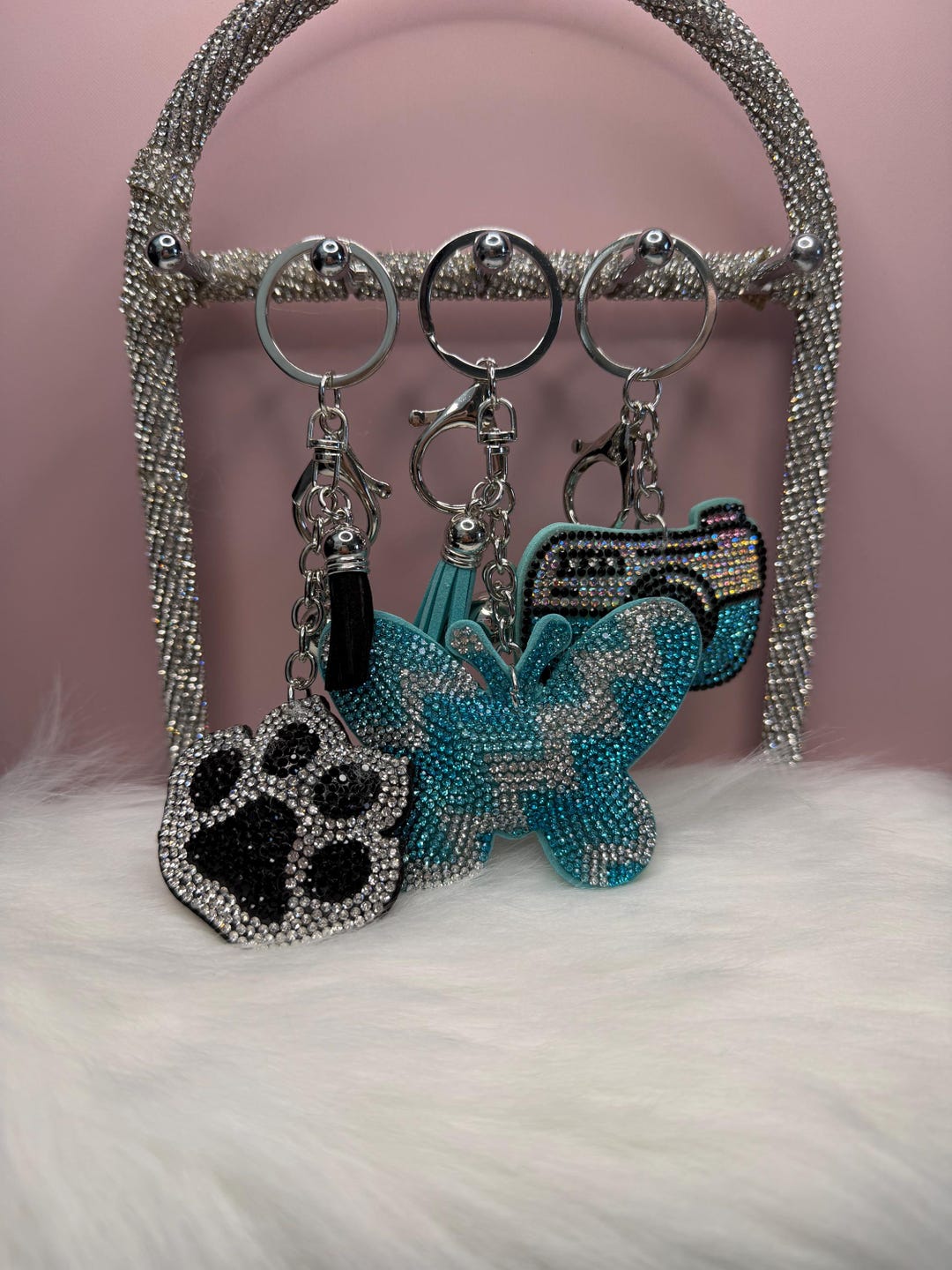 Bling Paw, Blue Zig Zag Butterfly, Blue Camera Keychains/bag Charms 3 ...