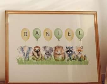 Arte de pared personalizado con nombre de bebé y animales, póster con nombre personalizado, decoración neutra para habitación infantil, impresión de animales de cuento de hadas, descarga digital