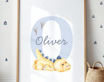 Arte de pared personalizado con inicial de dinosaurio, impresión con nombre personalizado para guardería, póster con nombre de bebé, decoración infantil con dinosaurios, arte imprimible para habitación infantil