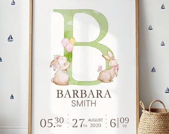 Póster personalizado de nacimiento de bebé, arte mural con nombre e inicial personalizados, decoración floral para habitación de niña, descarga digital