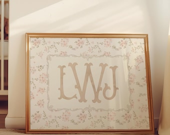 Arte de pared con monograma personalizado para habitación infantil, impresión con inicial personalizada para niña, decoración floral vintage para habitación infantil, póster para habitación infantil estilo cottagecore