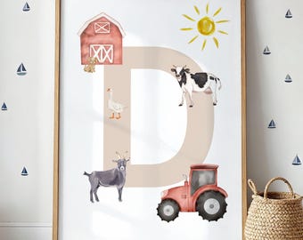 Arte de pared con alfabeto de granja para guardería, impresión personalizada con nombre inicial, decoración de animales de granja para guardería, arte de pared para habitación de bebé niño, póster imprimible