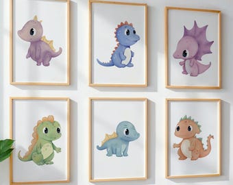 Juego de 6 impresiones de dinosaurios para pared de guardería, decoración infantil, acuarela suave, descarga digital