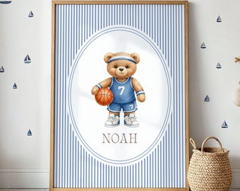 Cuadro infantil de baloncesto con nombre, decoración para habitación de bebé niño, póster infantil personalizado, lámina infantil con temática deportiva, cuadro infantil personalizado.