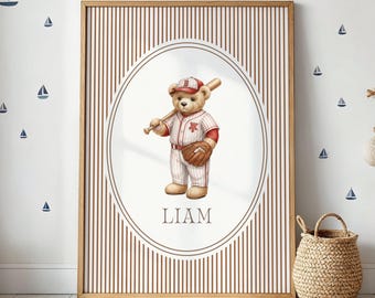 Decoración de béisbol para la habitación del bebé, lámina personalizada de osito de peluche, póster para la pared del dormitorio infantil, obra de arte con temática deportiva para la guardería, regalo personalizado para niño.