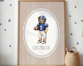 Arte de pared personalizado con osito de peluche de fútbol, lámina con nombre para habitación infantil de niño, decoración deportiva para habitación infantil, arte personalizado para habitación de bebé niño, decoración de pared infantil en tonos neutros