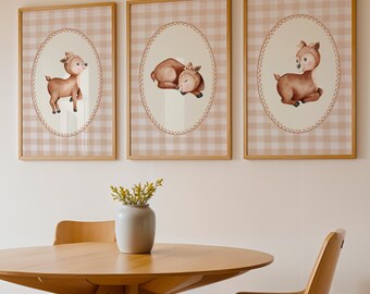 Juego de 3 impresiones de ciervos del bosque para habitación de bebé, decoración neutra para habitación de bebé, impresiones bohemias con ilustración de cervatillo, descarga digital