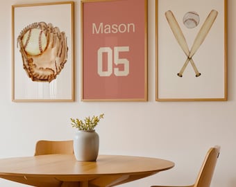 Arte mural de béisbol personalizado, impresión de nombre y número personalizados, decoración deportiva para habitación de niños, juego de pósteres para guardería