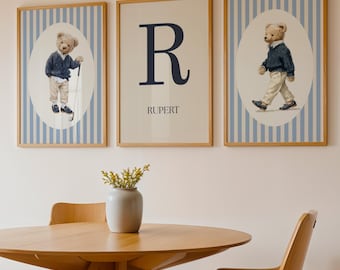 Custom Teddy Bear Wall Art, Personalized Initial & Name Print, Boys Nursery Decor, Vintage Bear Poster Set