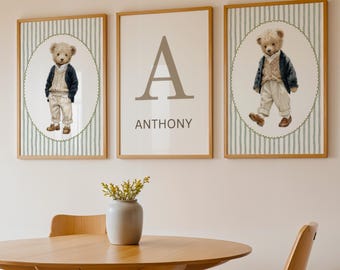 Juego de 3 piezas de arte de pared personalizado para habitación de bebé, con osito de peluche, letras del alfabeto y nombre personalizado, decoración neutra para habitación de bebé, arte imprimible para habitación de bebé.