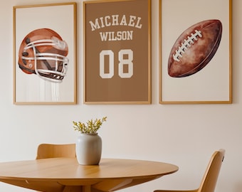 Juego de arte de pared personalizado para guardería de fútbol, con nombre personalizado y número de camiseta, decoración deportiva para habitación de niño, pósteres de cascos de fútbol americano