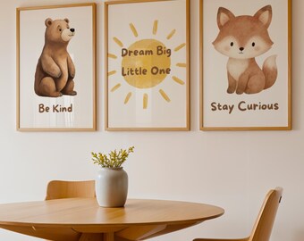 Juego de 3 impresiones de arte de pared para guardería, con frases de animales adorables, "Sé amable, sueña en grande, mantén la curiosidad", decoración neutra para habitación infantil, arte imprimible