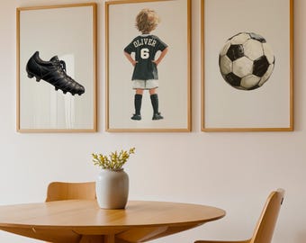 Arte mural de fútbol personalizado, impresión de nombre y número de camiseta, decoración deportiva para habitación infantil, pósteres de botines de fútbol, descarga digital.
