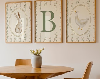 Personalized Nursery Wall Art Set, Custom Initial Print with Bunny and Goose, Floral Baby Room Decor, Vintage Kids Art