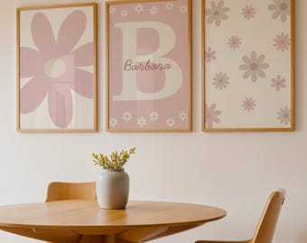Arte de pared con inicial floral personalizado para habitación de bebé, impresión de letras de flores rosas, decoración para habitación de niña, arte bohemio para habitación de bebé, descarga digital