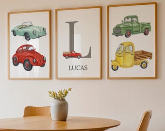 Juego de 3 impresiones de pared personalizadas de camiones para habitación de niños, póster con inicial de nombre personalizado, decoración de coches y camiones clásicos, impresiones para habitación de niño