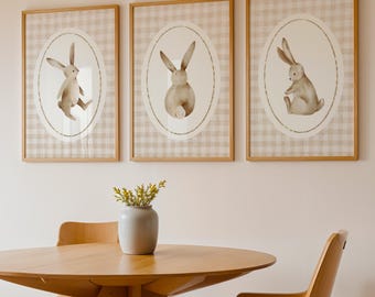 Juego de 3 impresiones de conejito para pared de bebé, decoración neutra para habitación de bebé, estampados bohemios de conejito, arte de pared de bosque, ilustración de conejo adorable, descarga digital