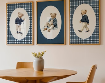 Preppy Teddy Bear Nursery Wall Art Set of 3, Blue Plaid Baby Boy Room Decor, Classic Bear Prints, Vintage Nursery Artwork, Digital Download