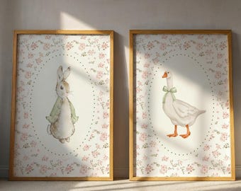 Vintage Nursery Animal Wall Art, Bunny and Goose Print Set, Neutral Baby Room Decor, Classic Storybook Nursery Art, Printable Download