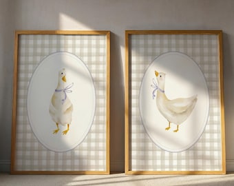 Juego de 2 impresiones de pared de ganso para habitación de bebé, decoración de granja neutra, impresiones de estilo cottagecore para habitación de bebé, ilustración de ganso dulce, descarga digital