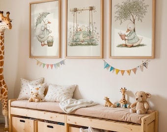 Juego de 3 láminas decorativas de patitos para la pared de la habitación infantil, láminas de animales para la guardería, ilustraciones de patos vintage, decoración neutra para la habitación del bebé, decoración de pared con temática de bosque para la habitación infantil.