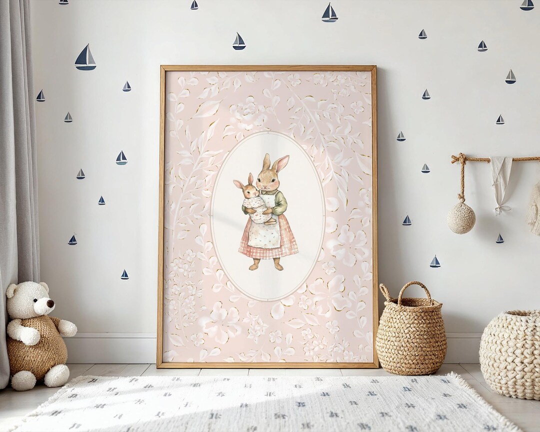 Vintage Bunny Nursery Wall Art, Floral Baby Girl Decor, Mother and Baby ...