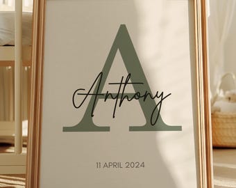 Póster personalizado con inicial y nombre, impresión personalizada de fecha de nacimiento, arte moderno para pared de guardería, decoración minimalista para bebés