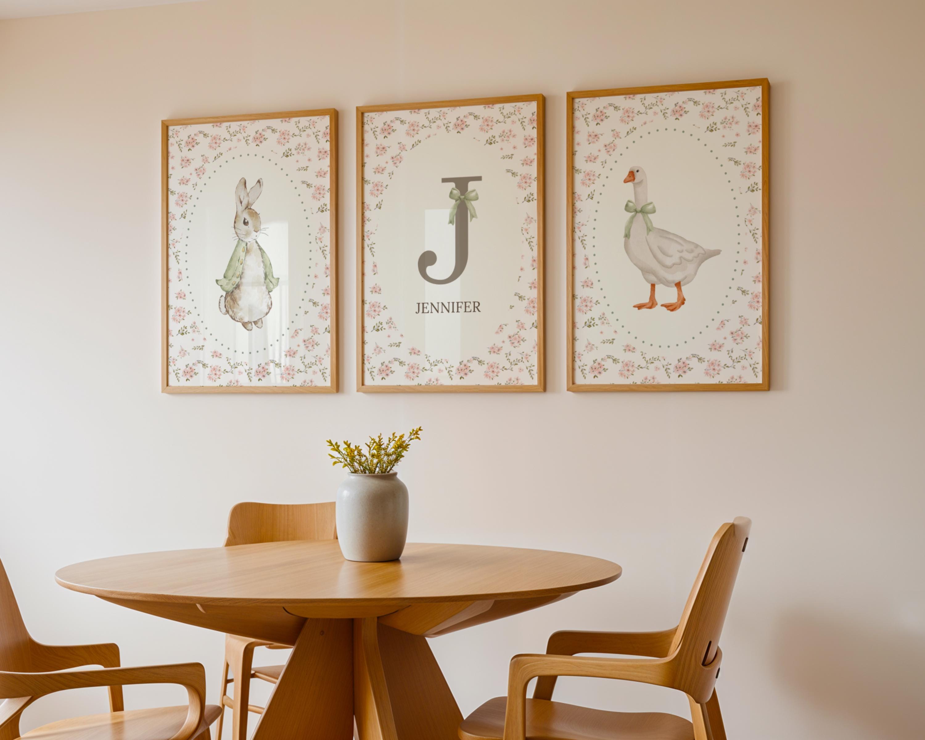 Custom Nursery Wall Art Set, Personalized Initial Name Print, Bunny and ...
