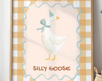 Lámina infantil de ganso tonto, divertida lámina infantil de ganso tonto, póster para niño pequeño, decoración infantil de cuadros vichy, arte infantil con temática de bosque.