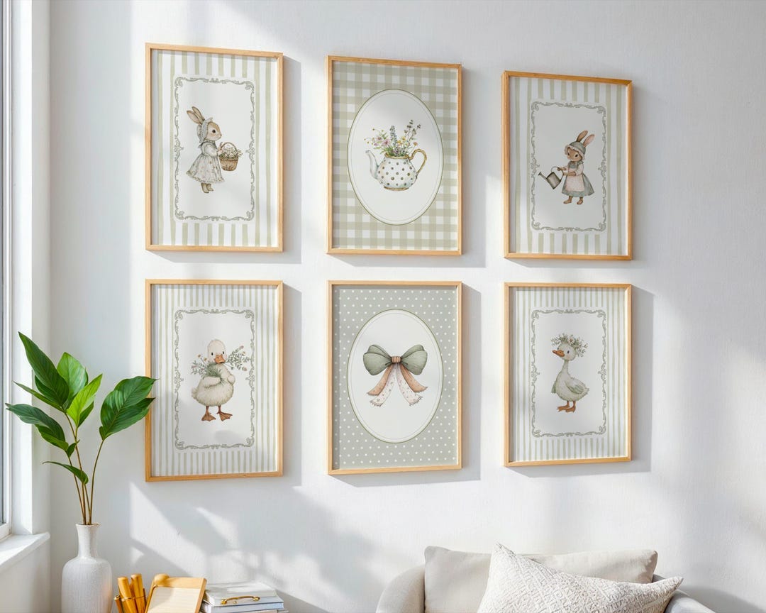 Neutral Nursery Wall Art Set of 6, Vintage Bunny Duck Floral Prints ...