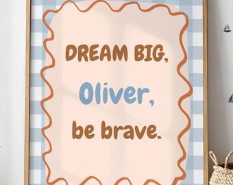 Lámina personalizada para habitación infantil, arte mural con nombre personalizado, decoración infantil en azul guinga, póster imprimible para bebé niño, letrero motivacional para habitación infantil.