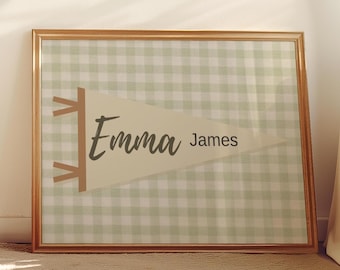 Impresión personalizada con nombre para niños, arte de pared personalizado para guardería, imprimible neutro para habitación de bebé, descarga de letrero con nombre retro