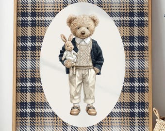 Arte infantil de osito de peluche, imprimible para habitación de niño a cuadros, ilustración de atuendo vintage, decoración neutra para bebé, póster azul oscuro para niño, impresiones vintage