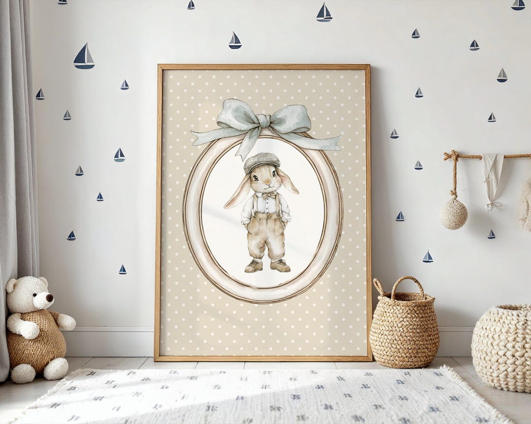 Vintage Bunny Nursery Wall Art, Neutral Baby Boy Room Decor ...