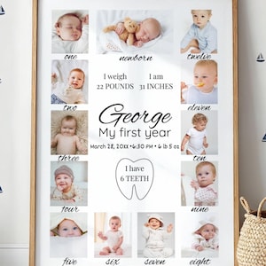 Mein erstes Jahr Fotocollage-Vorlage, Baby Monatliche Meilensteintafel, bearbeitbares Geburtstagsposter, 12-monatige Fotoanzeige