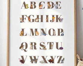 Arte de pared para guardería con animales del alfabeto, póster para habitación infantil con el alfabeto, decoración neutra para habitación de bebé, arte imprimible con el alfabeto para guardería.