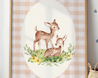 Baby Reh Kinderzimmer Wandkunst, Neutral Gingham Rehkitz druckbare, Waldtier Poster, Aquarell Baby Zimmer Dekor, digitaler Download