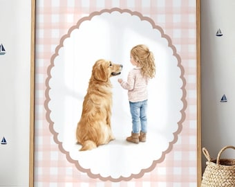Arte personalizado de niña y golden retriever: lámina personalizada para guardería, decoración infantil, póster de cuadros vichy para regalar