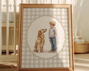 Lámina artística de niño golden retriever: decoración de pared para habitación infantil, ilustración para habitación infantil, póster de acuarela de perro y niño, decoración para bebé con cuadros vichy neutros.