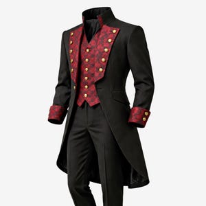 May include: A black formal suit with a red patterned waistcoat and cuffs. The jacket has gold buttons and a high collar. The suit includes a long coat and matching trousers, suitable for special occasions.