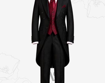 Traje de frac victoriano para hombre, atuendo gótico para novio en boda, traje formal cruzado negro burdeos.