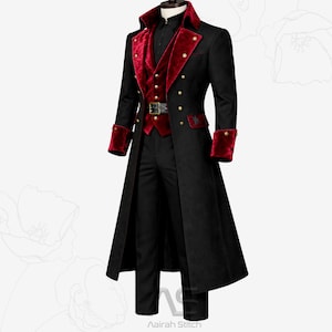 Handmade Victorian Steampunk Wool Blend Coat, with Red Velvet Vest, Full Gothic Costume, 3 Piece Coat Suit