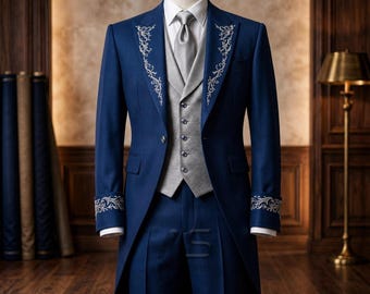 Mens Victorian Tailcoat Wedding Suit, Aristocrat Blue Coat with Silver Embroidery, Formal Groom Outfit, Historical Tail Jacket